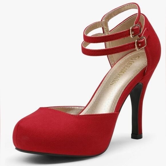 🩵NIB Red Faux Suede Leather Double Ankle Strap Platform Heels Size 7.5 - Picture 13 of 14